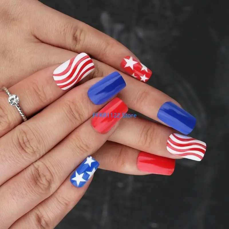 

Y1UF Independence Day French Tip Press on Short Square Fake Glues on Artificial False for Nail Decors