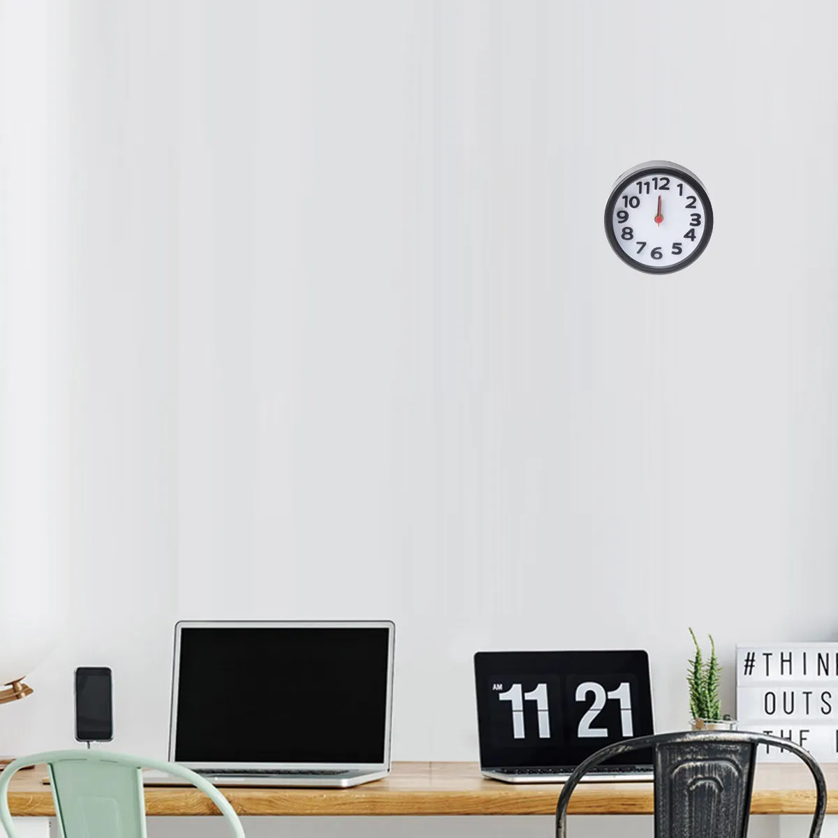 Round Plastic Alarm Clock Black Small Desktop Luminous Hour Minute Hand Wall Mounted Silent Ring Bell Hangable Clock