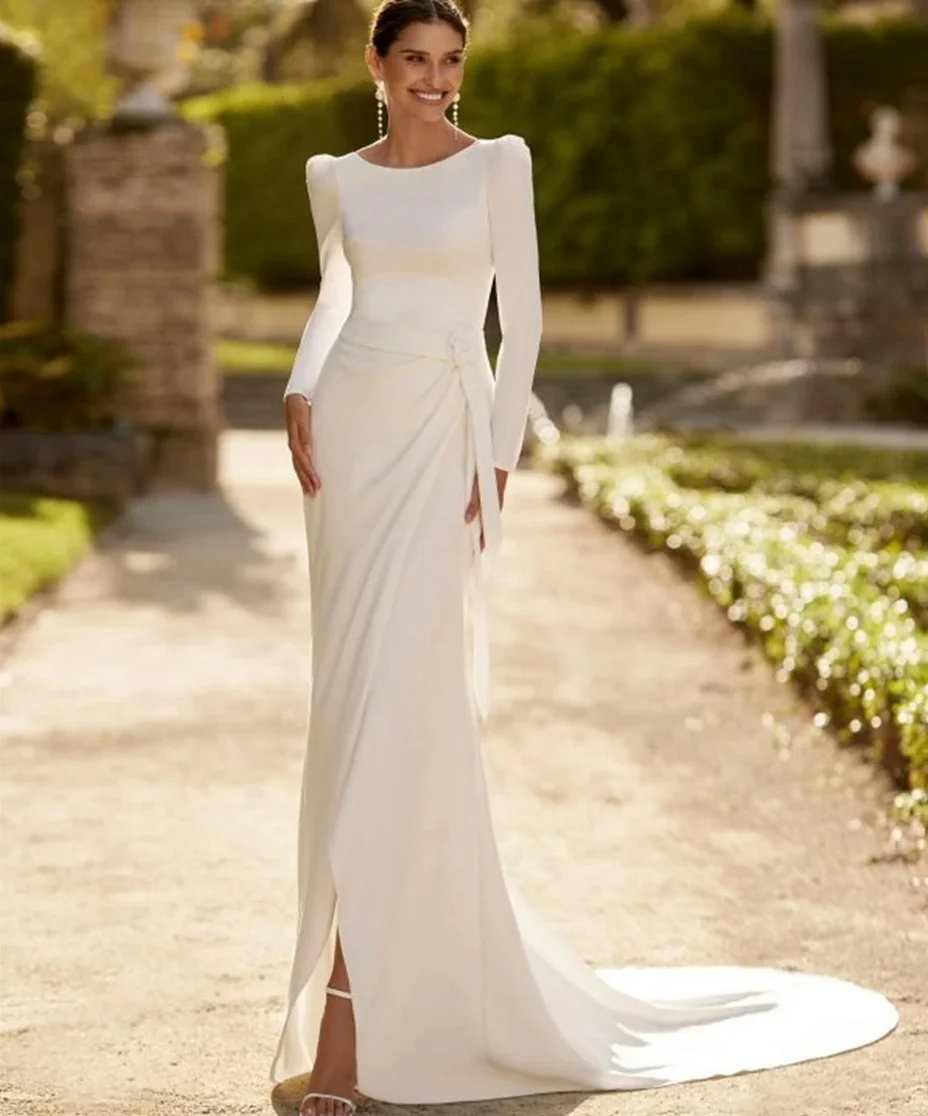 Customize To Measures Women Wedding Dress Satin Maxi Bride Dresses With Front Slit Scoop Neckline Elegant For Women Bridal