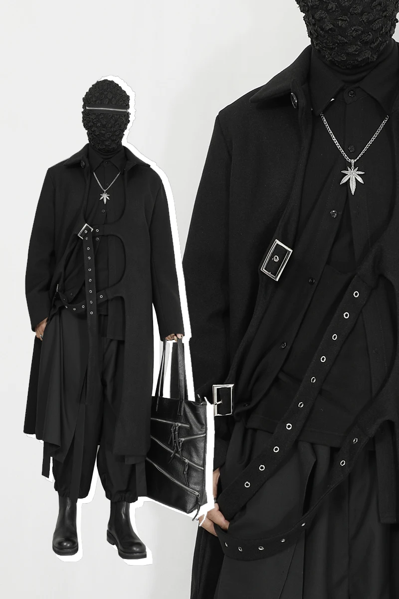 Black Yamamoto Style Dark Techwear Fashion Men\'s Clothes Trench Coat with Original Design and Knee-Length Overcoat