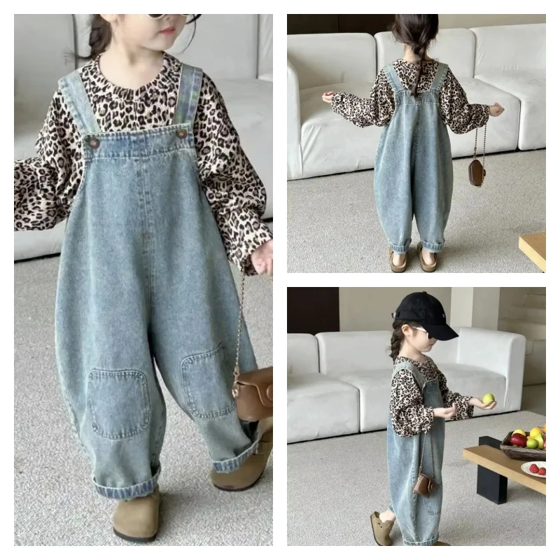 

Горячая кавайная футболка для девочек, брюки, модная студенческая осенняя повседневная футболка с леопардовым принтом, комбинезон, комплект из 2 предметов, детская одежда