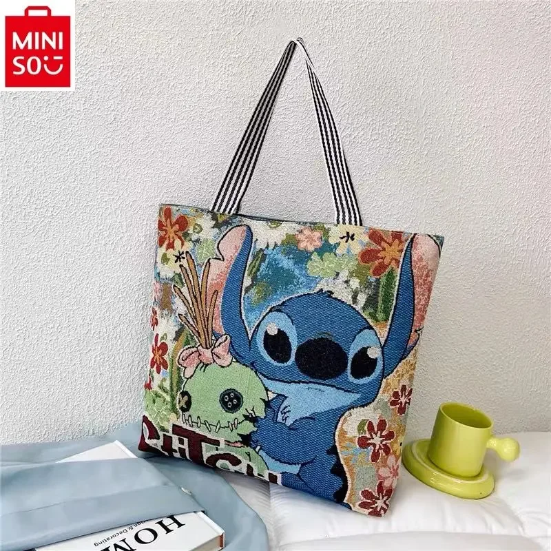 MINISO Disney Winnie Bear Stitch Cartoon Embroidered Canvas Fashion Shopping Bag One Shoulder Women\'s Large Capacity Handbag