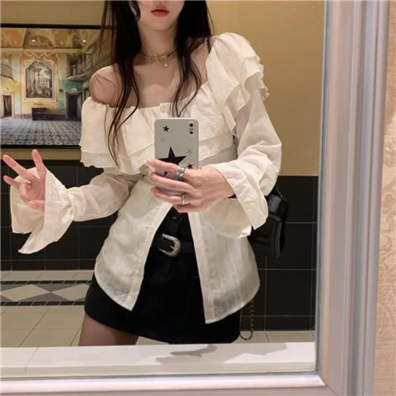 2024 Autumn Chic Fashion Blouse Ruffled Neck Vintage Solid Elegant Shirt All Match Casual Blusas Mujer De Moda