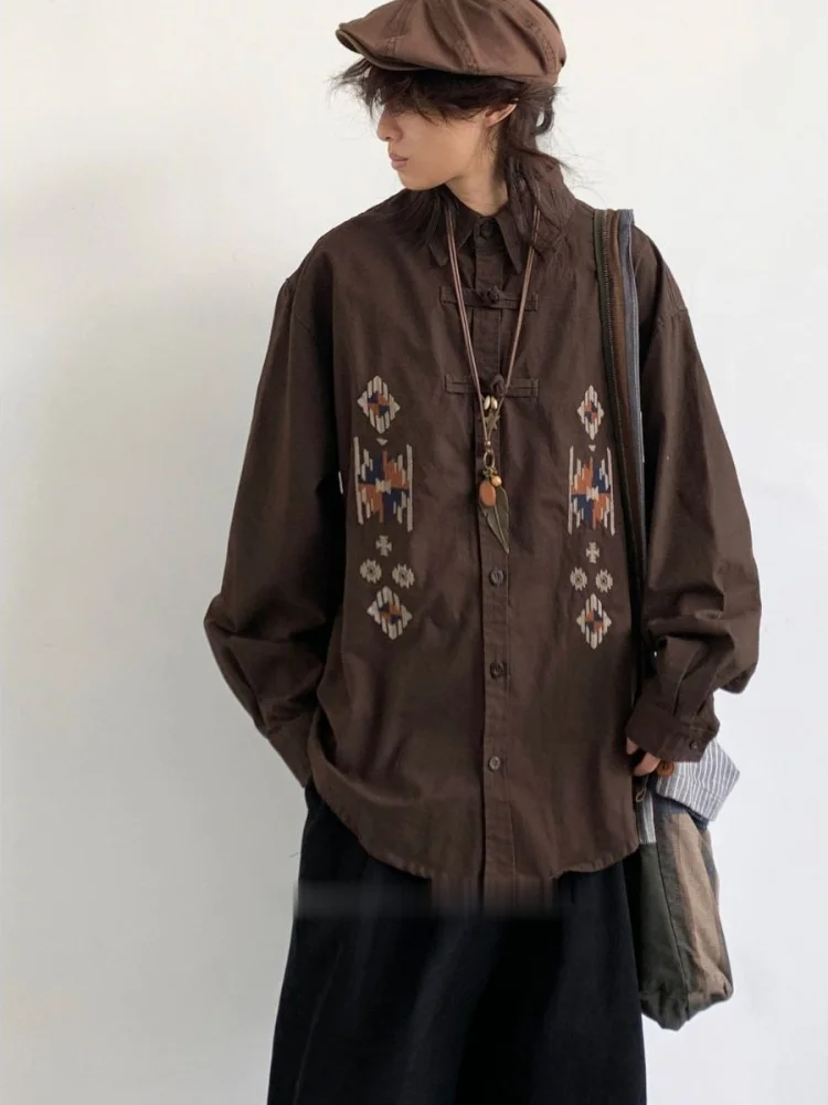 Men Women Dark Brown Cotton Shirt Ethnic Embroidery Vintage Spring Fall Long Sleeve Unisex Knot Buttons Oversized Casual Top