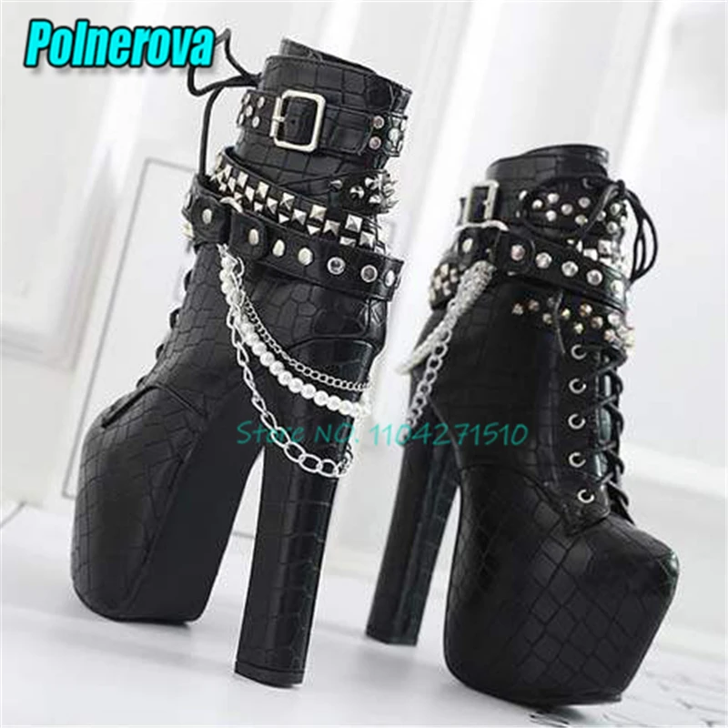 Gothic Metal Chain Crocodile Pattern Platform Short Boots Multi Spiked Studded Buckle Strap Lace Up Thick High Heels for Women