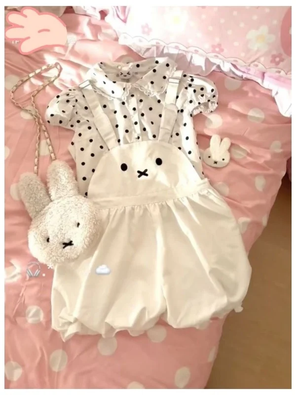 

Cute Sweet Sister Set Korean Style Polka Dot Doll Collar Top White Overalls Short Pants Girl Feeling Two Piece Set Summer Fas...