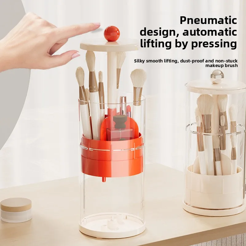 Cosmetic Storage Box Height Adjustable Desktop Press Type Makeup Brush Holder Large Capacity Dust Proof Vanity Bathroom