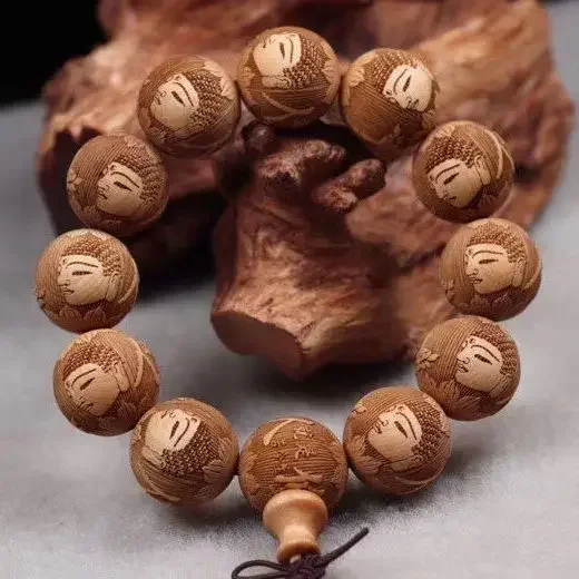 Thuja Carved Tathagata Buddha Beads Bracelet Men's and Women's Natural Wooden Round Beads 20mm*12Pcs Sandalwood Hand String