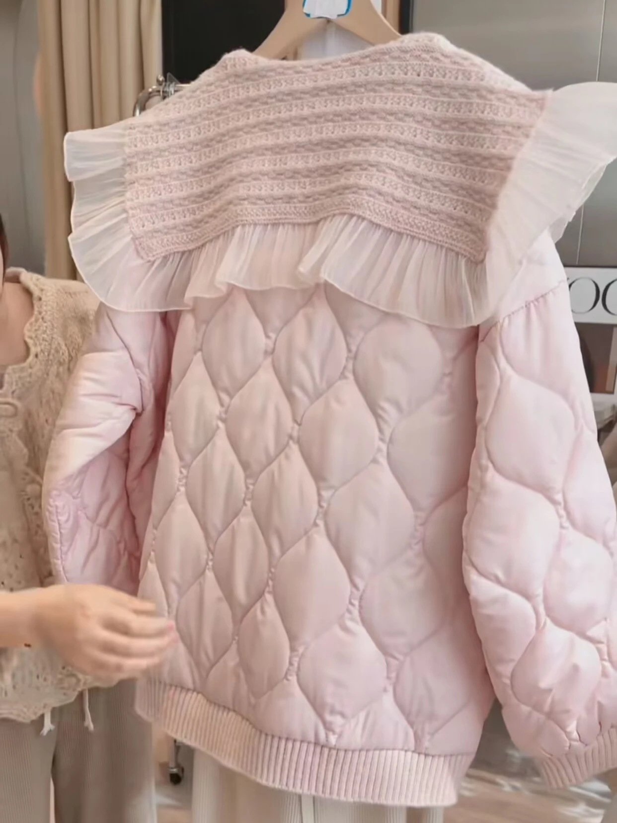 Sweet Style Loose Fit down Cotton Jacket with Knitted Splicing Cotton Insert Doll Collar Autumn Winter New Arrival