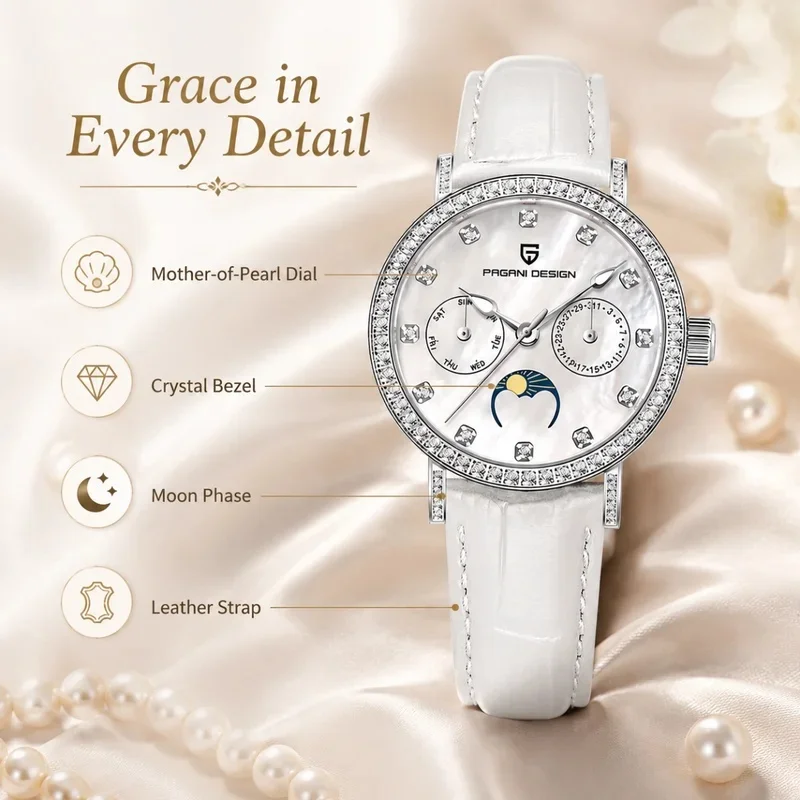 PAGANI DESIGN PD1789 Women Quartz Watch Moon Phase Mother-of-Pearl Dial Crystal Bezel Leather Strap Waterproof Ladies Wristwatch