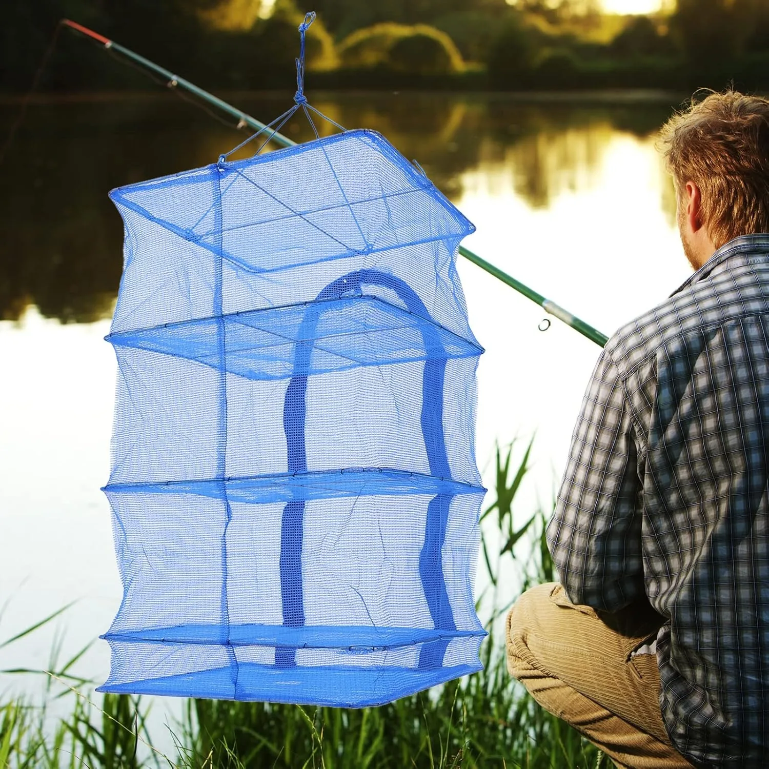 4-lagiges blaues hängendes Trockennetz, zusammenklappbares Netz, Trockner, Obst, Gemüse, Kräuternetz, Garnelen, zusammenklappbares Trockennetz mit doppelten Reißverschlüssen