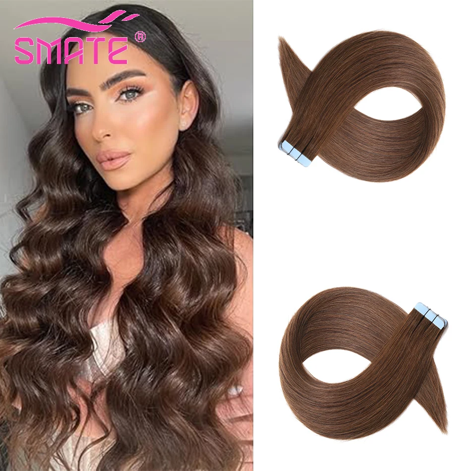 SMATE 2.0g/PCS Tape In Human Hair Extensions 100% Human Hair #4 Brazilian Straight Remy Hair Invisible Seamless Adhesive Hair