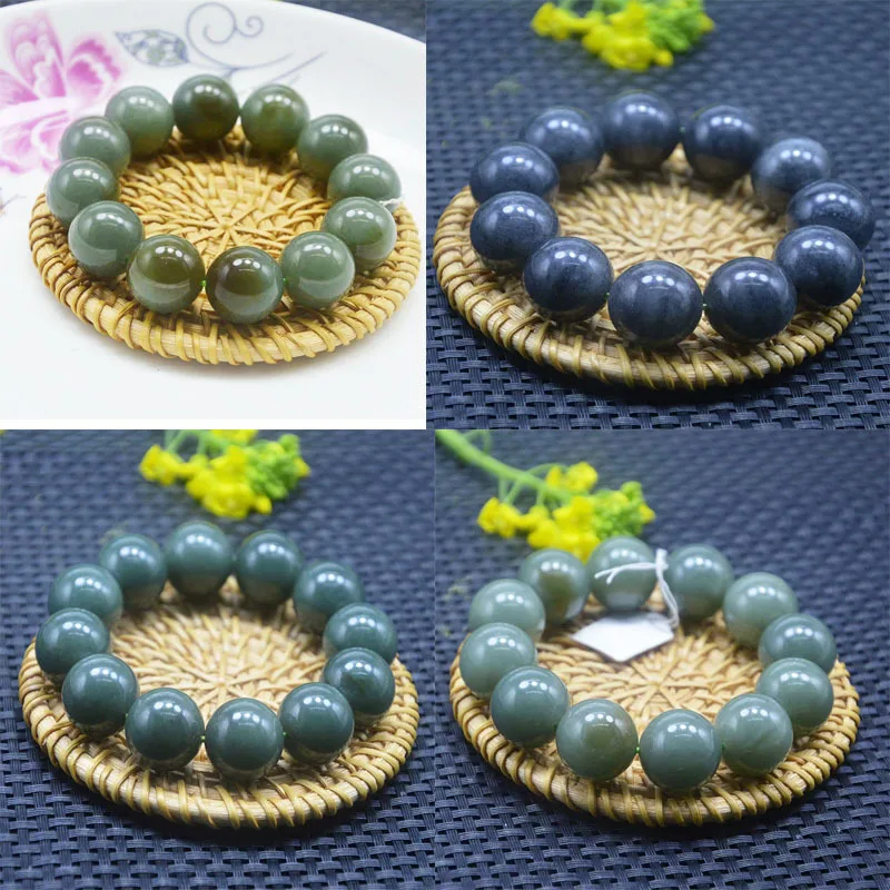 

Xinjiang Hetian Blue and White Old Materials Large Bracelet 20mm Single Circle Beads Deep Gray Jade round