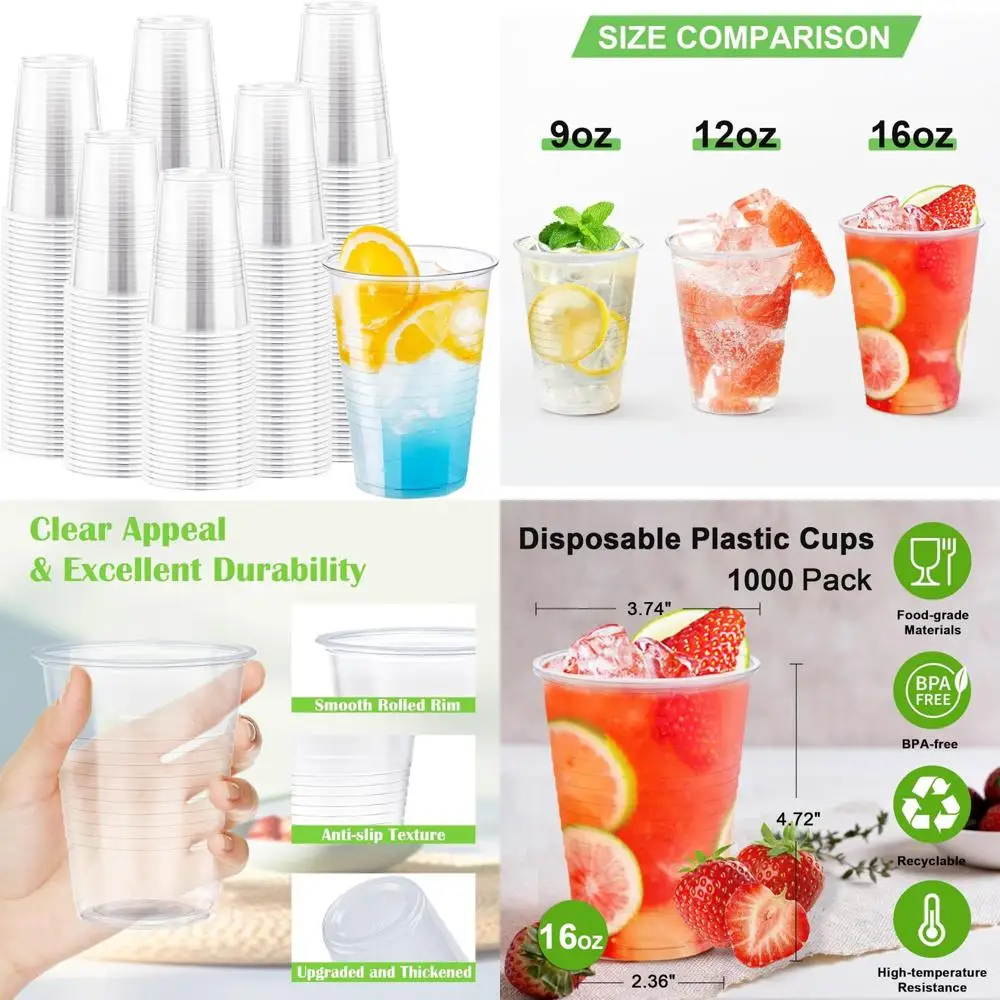 

Disposable Clear Plastic Cups 1000 Pack, 16 oz Bulk Drinkware for Parties and Events