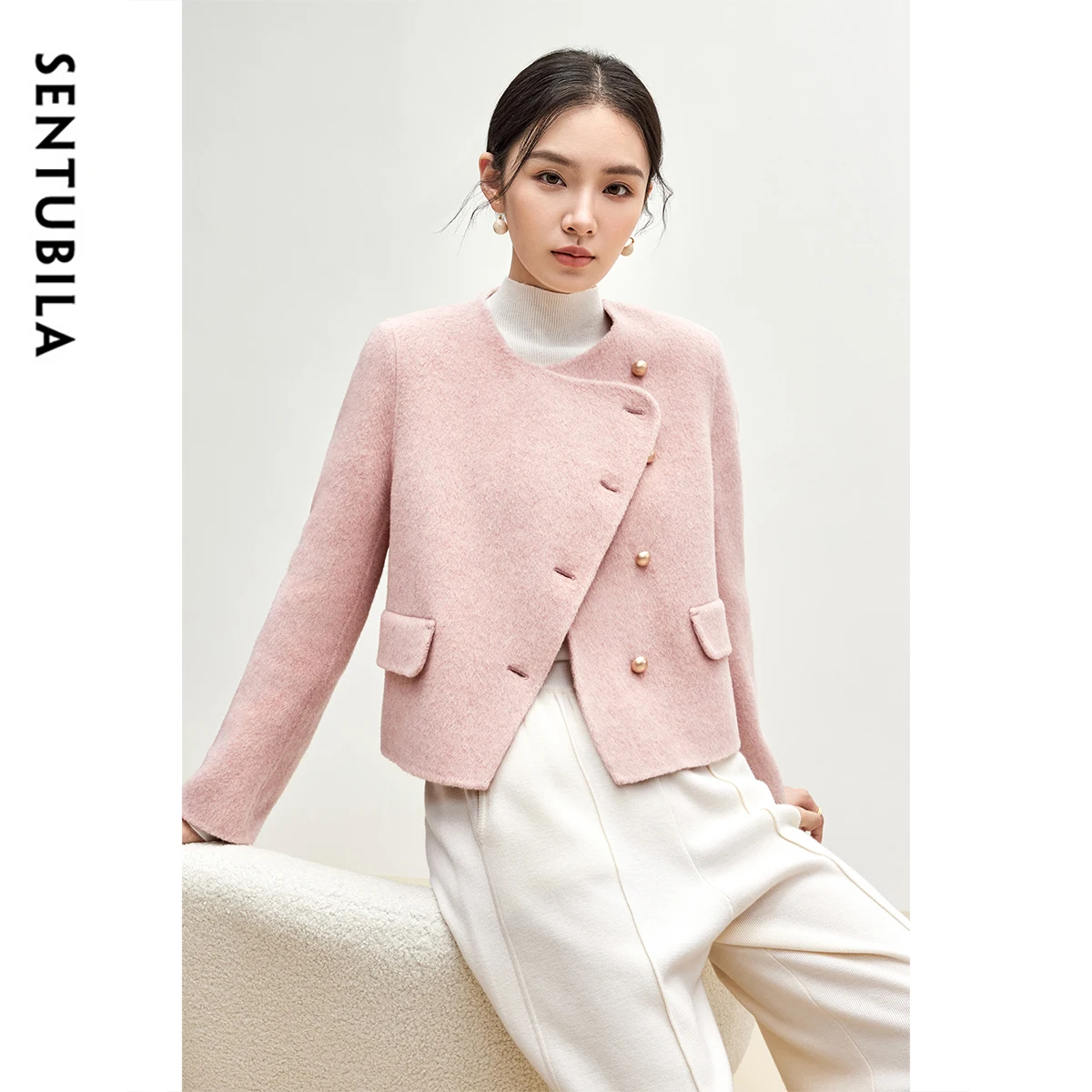 

SENTUBILA Wool Coats Women 2025 Winter Elegant Crew Neck Irregular Single Breasted Jackets Warm Casual Overcoats W44O56008