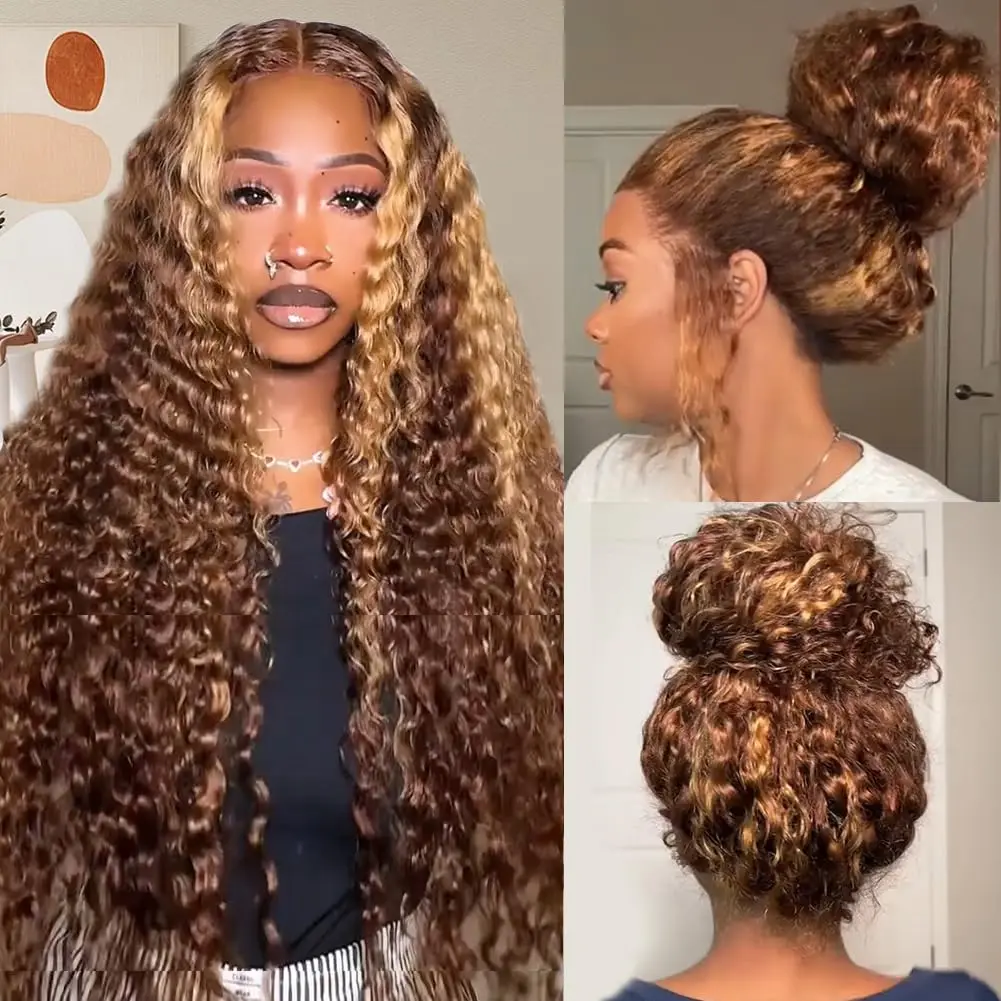 

HD Deep Wave Frontal WigFull Lace Wig, Human Hair 427 Highlight, Pre Plucked Invisible Drawstring 250 Density 100% Human Hair