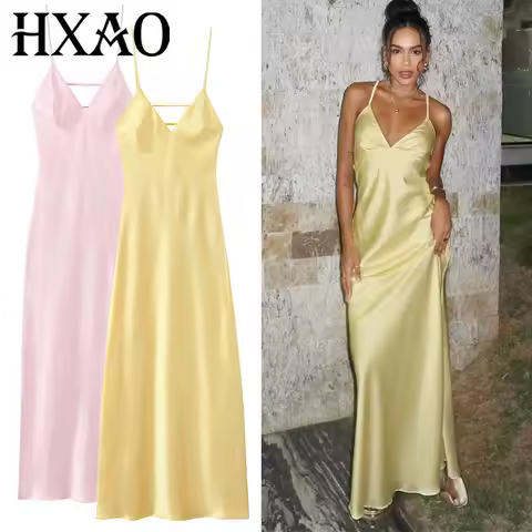 HXAO Yellow Dresses Women Satin V Neck Midi Dress Summer Backless Strap Slip Dresses Elegant Evening Party Dress 2025 Vestidos