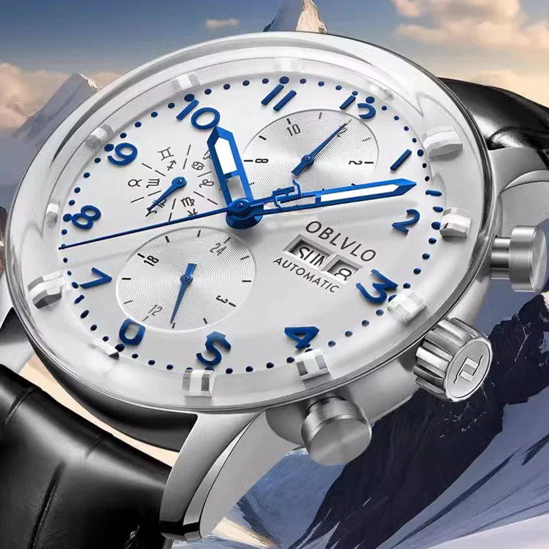 OBLVLO Unique Dome Sapphire Mirror Watches Men Mutii-Functional Automatic Mechanical Watches Calendar Waterpoor Clock