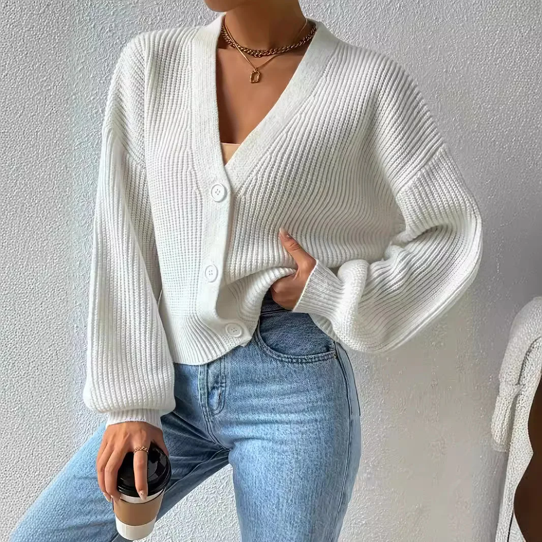 

White Shrug Knitted Long Sleeve Loose Elegant Cardigan 005