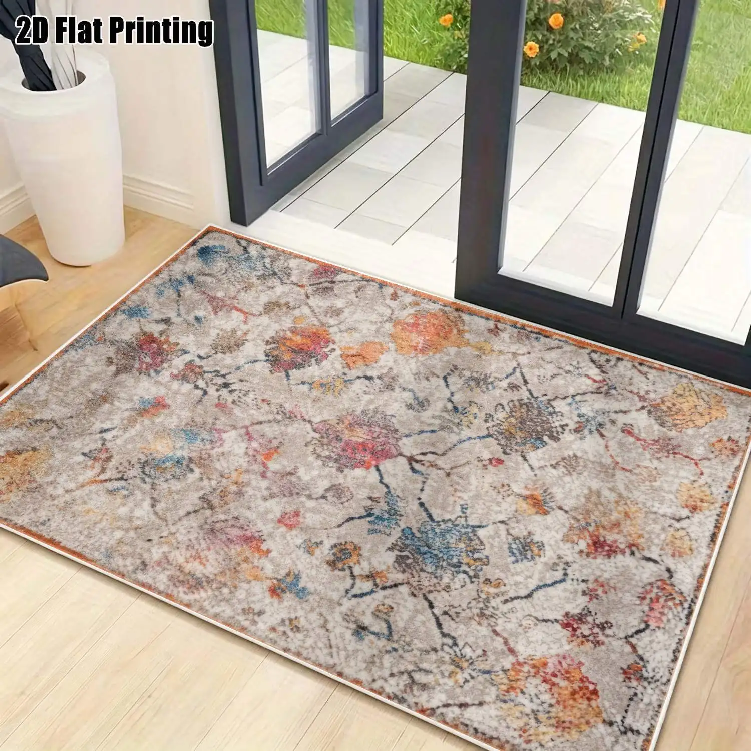 1Pc 2D Printed Velvet Retro Floral Carpet, European/Bohemian/Geometric Styles, Machine Washable, Multi-Size, for Home Decor, Entrance/Dining/Foyer/Bedroom/Living Room