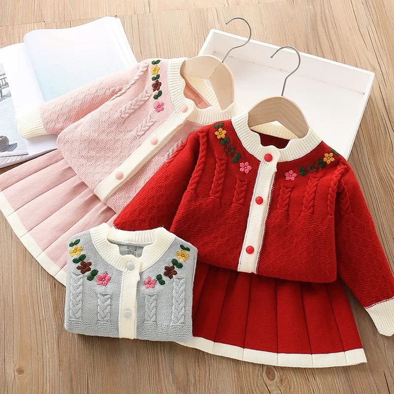 2026 New Spring Children Knitted Clothes Set 2-6Yrs Baby Girls Clothing Set Long Sleeved Knitted Cardigan Coat+Short Skirt
