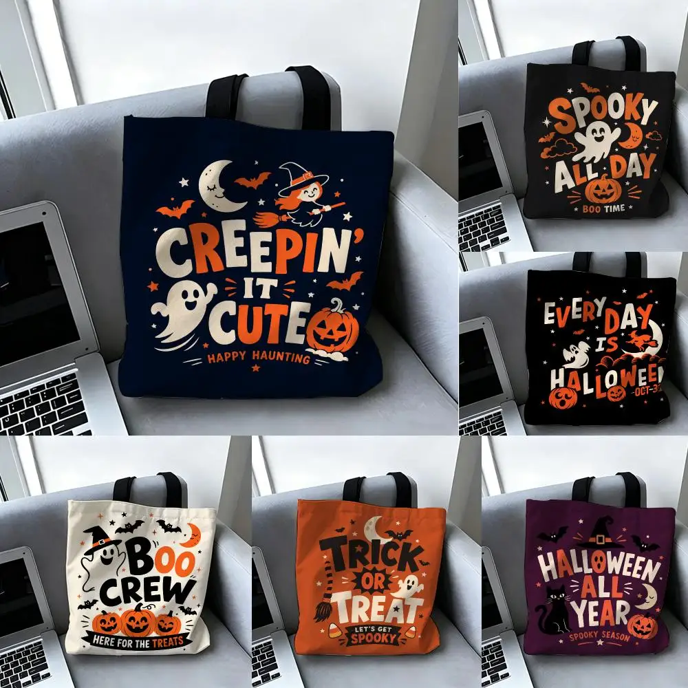 Classic Halloween Graphics Storage Bags Double-Sided Printed Canvas Tote Bag Large Capacity Reusable Shoulder Shopping Bag