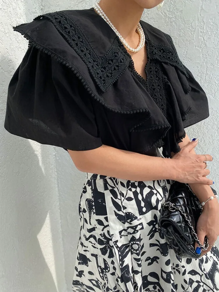 

Ele Hollow out Beaded ort Sve Loose Flared Sve irt Women's Summer New Sle Commute Sle Regular Fit Medium So...