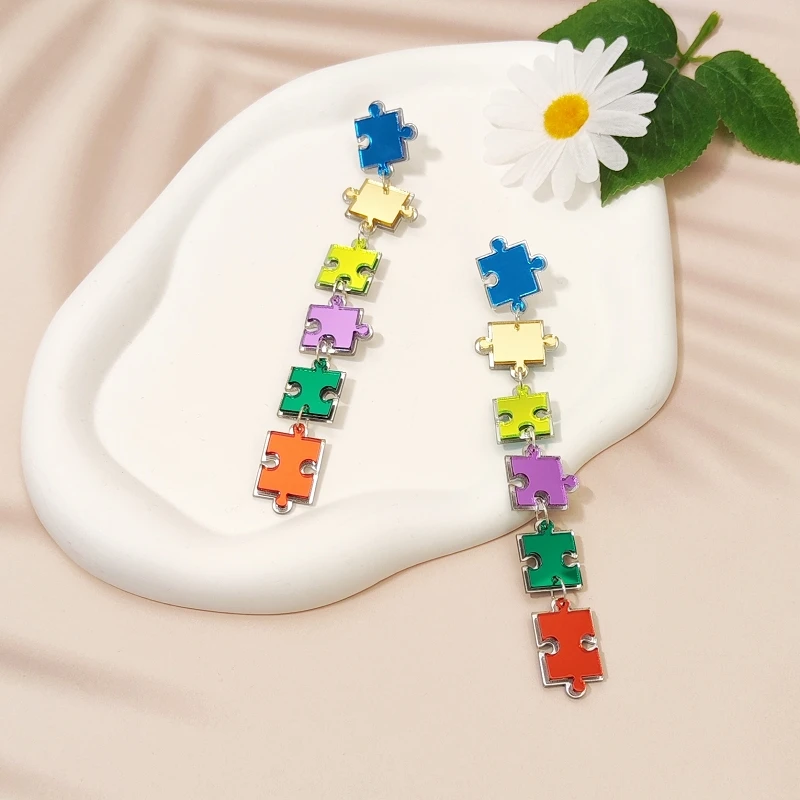 KUGUYS Super Long Puzzle Dangle Earrings for Women Multicolor Mirror Acrylic Novelty Cute Jewelry Trendy Accessories