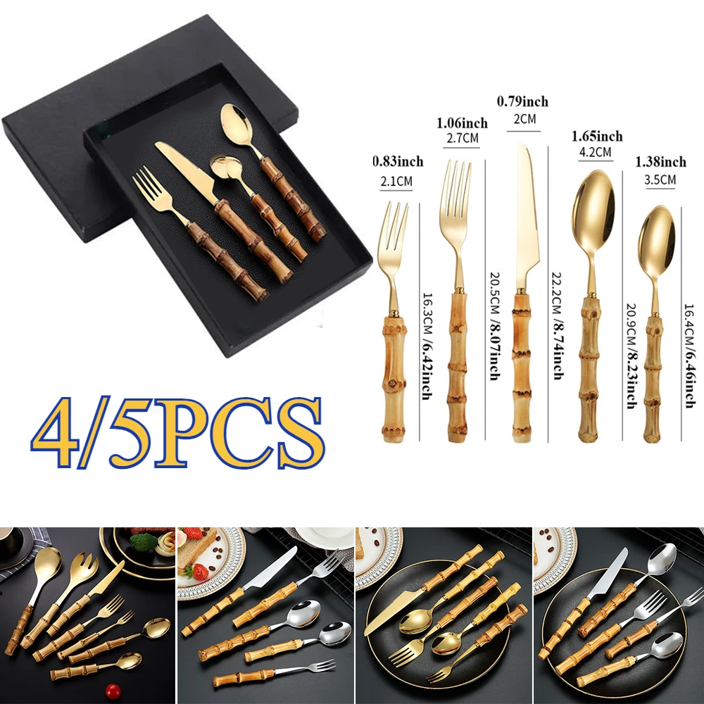 

4Pcs/5Pcs Bamboo Tableware Sets Stainless Steel Bamboo Cutlery Set Purely Natural Handle Flatware Set Steak Knife Fork Spoon Set