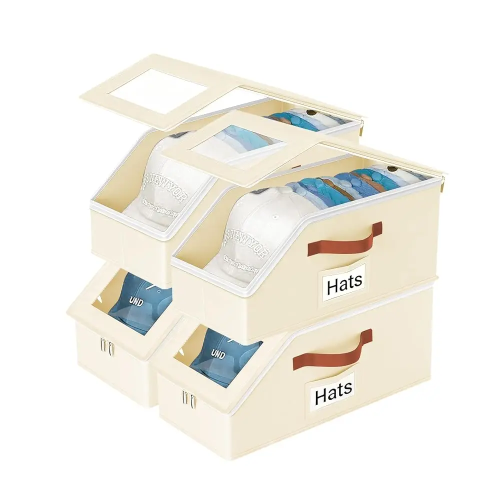 

Органайзер для бейсболок, набор из 4 штук, складные коробки для хранения головных уборов для шкафа/полки, вмещают до 56 шапок, держатель для головных уборов