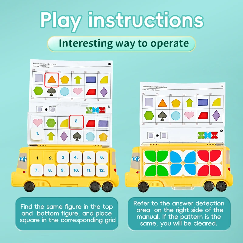 Autobus scolastico logico educativo: giocattolo STEM bifacciale per bambini |   Impara la matematica, orologio e forme, Natale/ Ringraziamento/Halloween/Pasqua