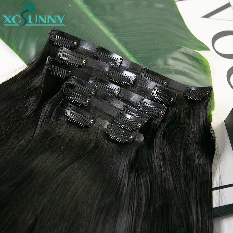 PU Clip In Hair Extensions Human Hair Full Head Silky Straight Skin Weft  Burmese Weft Clip In Hair Straight For Black Women
