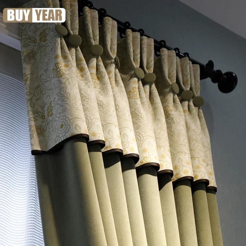 Customized New Pastoral Style Green Splicing Chenille Blackout Curtains For Living Dining Room Bedroom White Tulle