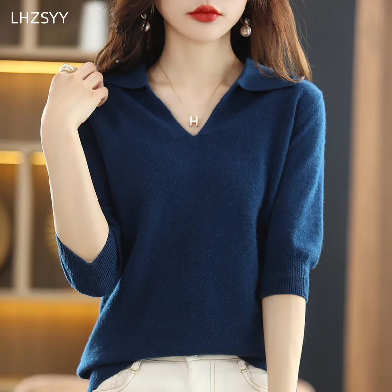 2024 Spring New Cashmere Sweater Women\'s T-Shirt 100% Pure Wool Knitted Sweater Loose lapel Top Thin Pullover Short-Sleeve Trend