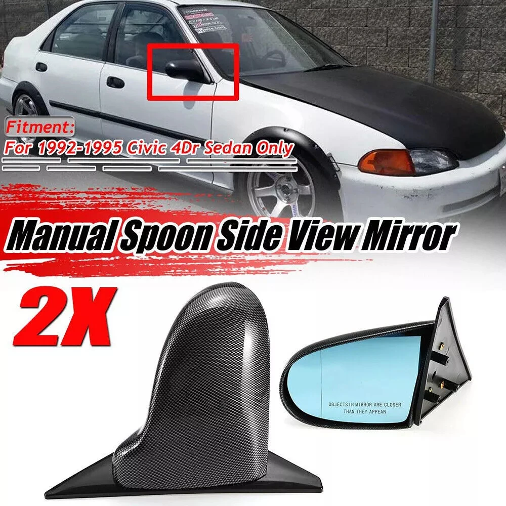 2x Spoon Style Side Door Wing Mirror Manual Adjustable Rearview Mirror For Honda Civic EG Sedan 1992-1995 4 door