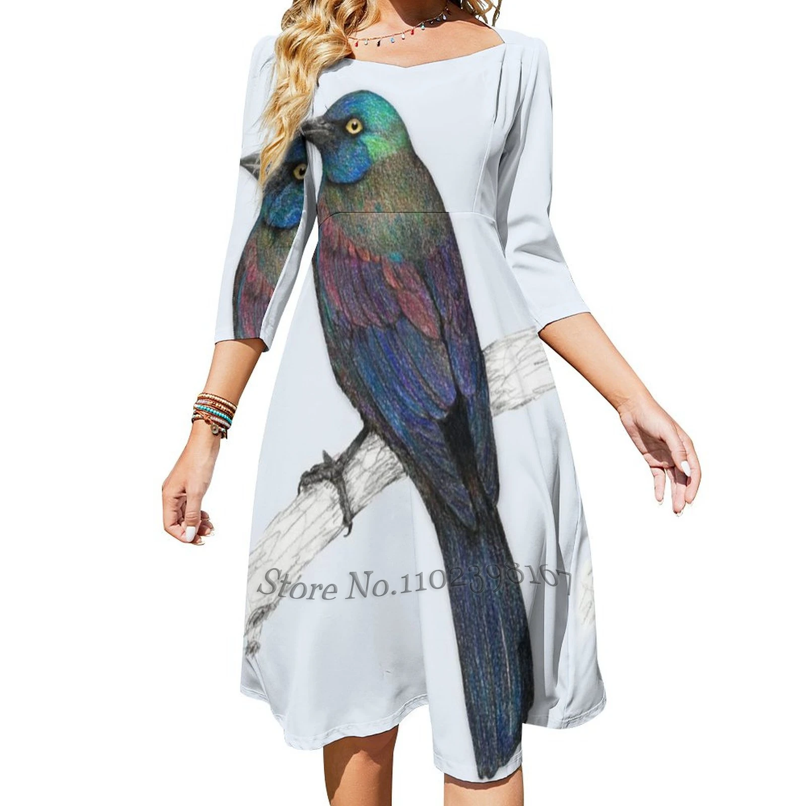 Common Grackle Square Neck Dress Cute Loose Print Dresses Beach Party Dress Common Grackle Grackle Bird Quiscalus