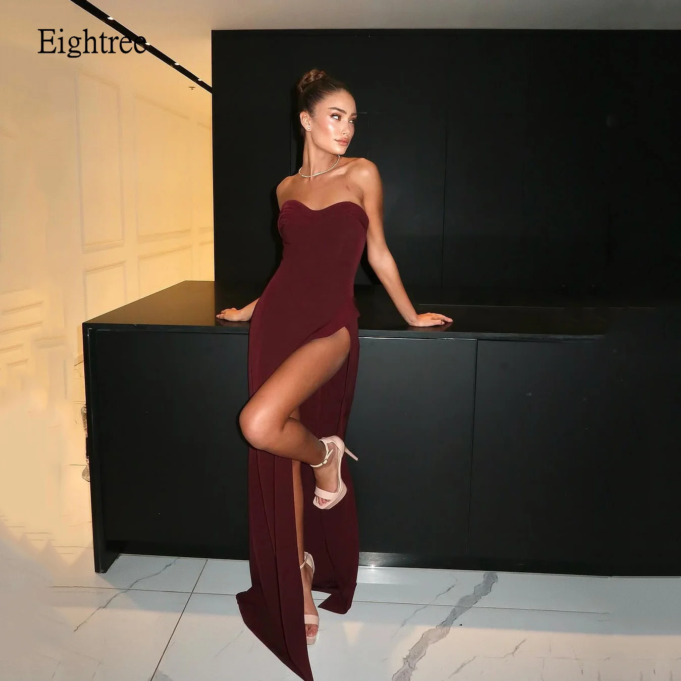 

Eightree Sexy Burgundy Mermaid Prom Gowns Sweetheart Neck Formal Party Gown Side Slit Evening Dress vestidos de gala Customized