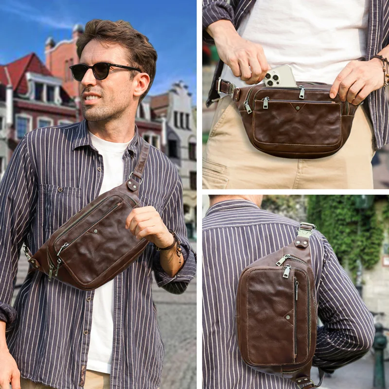Fashionable British Style Top Layer Cowhide Hand Grab Pattern Crazy Horse Cowhide Chest Bags Casual Sports Trend Men's Waistpack
