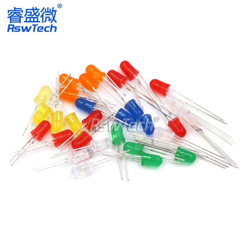 5mm LEDs with various colors, short and long pins, high brightness flash diodes