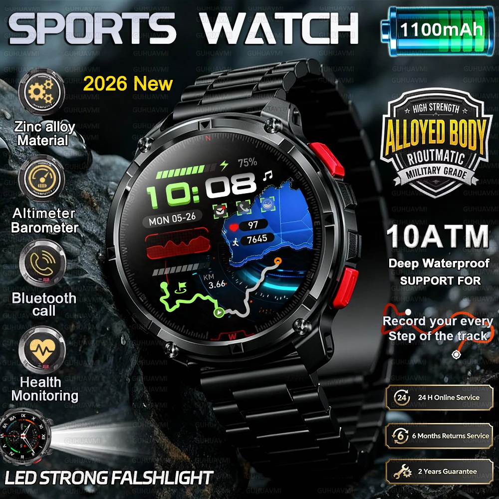 

Новые военные смарт-часы 2026 года с GPS, отслеживанием движения, компасом, аккумулятором 1100 мАч, водонепроницаемостью 10ATM, Bluetooth-звонками и фонариком для мужчин