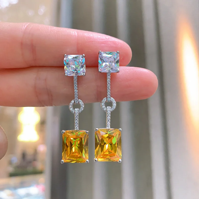 Luxury brand genuine real jewels Net Red Pink Earstuds Micro Embedding Simulation Yellow Diamond Earrings Female Live Broadcast