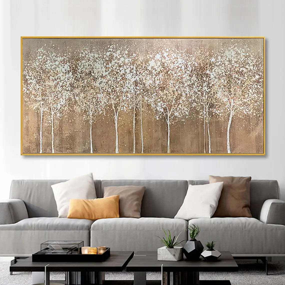 

Large Blooming Tower Tree Hand Painted Oil Painting Abstract Yellow Tree Landscape Painting Modern Living Room Wall Art Decor