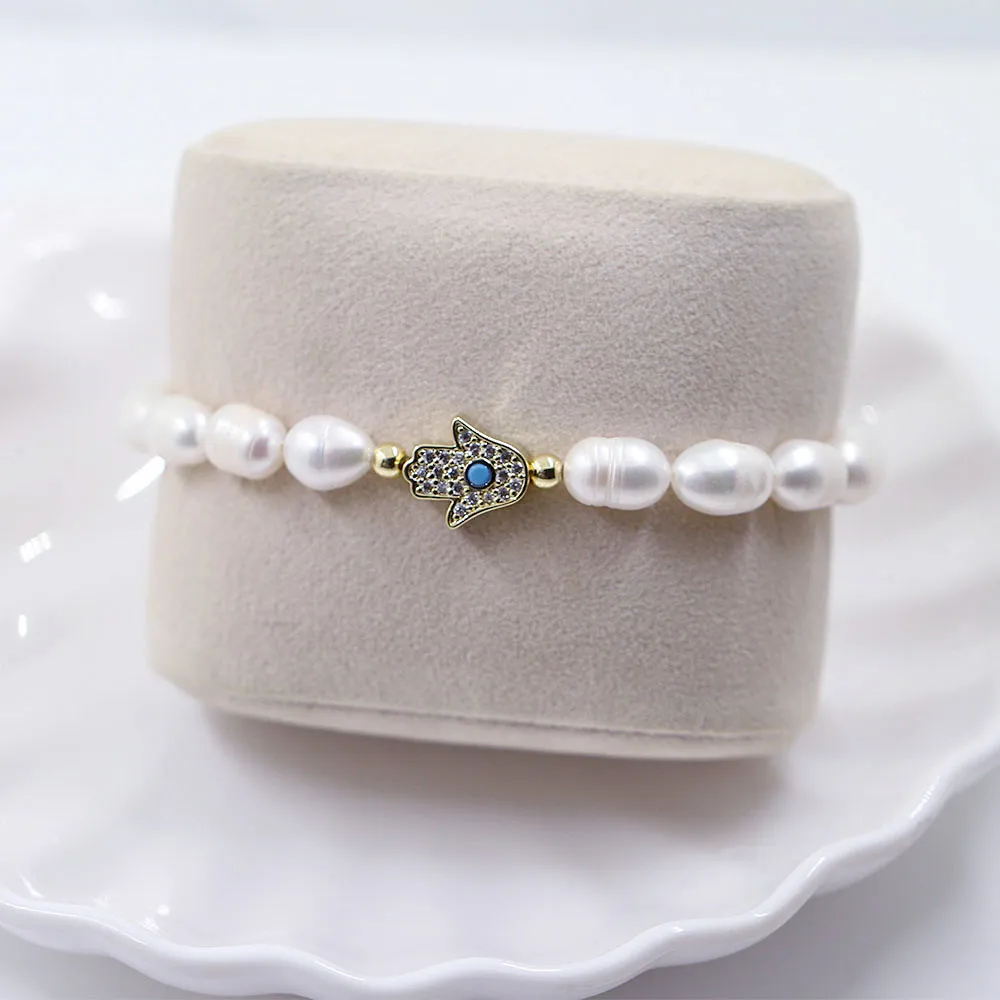 Fashion Bracelet Natural Freshwater Pearl Blue Evil Eye/Hamsa Hand/Heart CZ Zircon Luxury Jewelry Hot Wedding Gift For Women