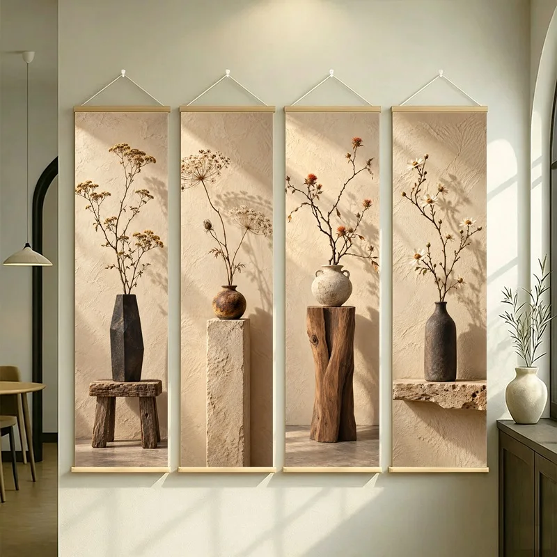 Wall Art Dried Feverfew and Dried Safflower, Wabi-Sabi Silver Shimmer Canvas Hanging Scroll for Zen Sanctuary Home Decor