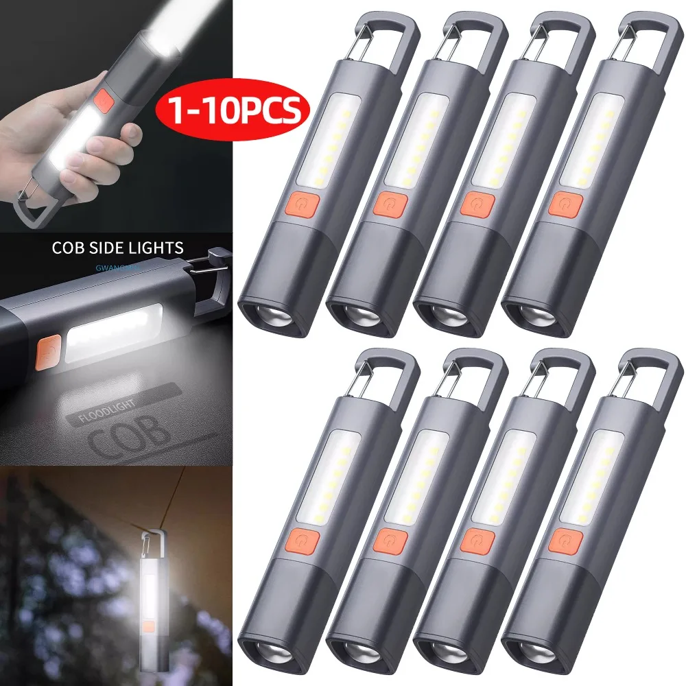 1-10PCS Super Bright LED Flashlight XPE+COB Torch Light with Hook Hanging Lantern USB Charging Zoomable Waterproof Flashlight