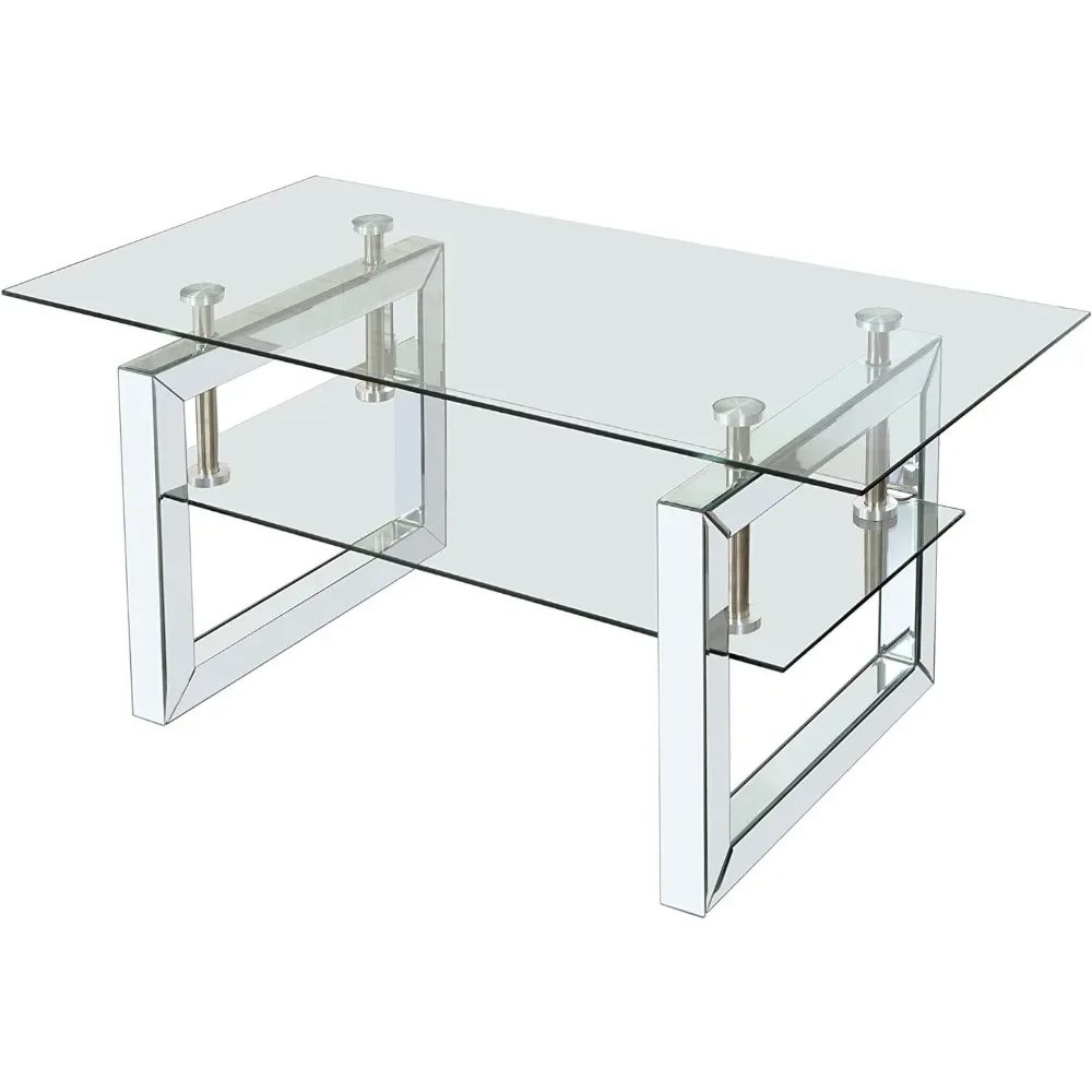 

Glass Coffee Table, Modern Coffee Tables with Lower Shelf and Mirrored Legs for Living Room, Home Office, Coffee Table