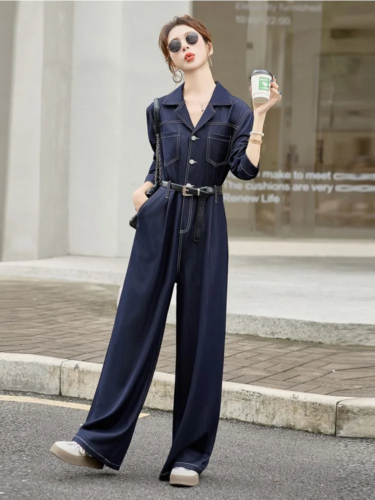 

Ele High Waist Wide Leg One-Piece Denim Suit for Women Spring Autumn New Sle Flip Collar Godd Sle Commute Wear