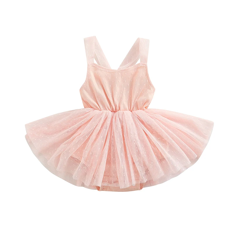 

Baby Romper Solid Color Square Neck Sleeveless Mesh Bodysuit with Skirt Hem Summer Outfit for Girls Pink 0-24 Months