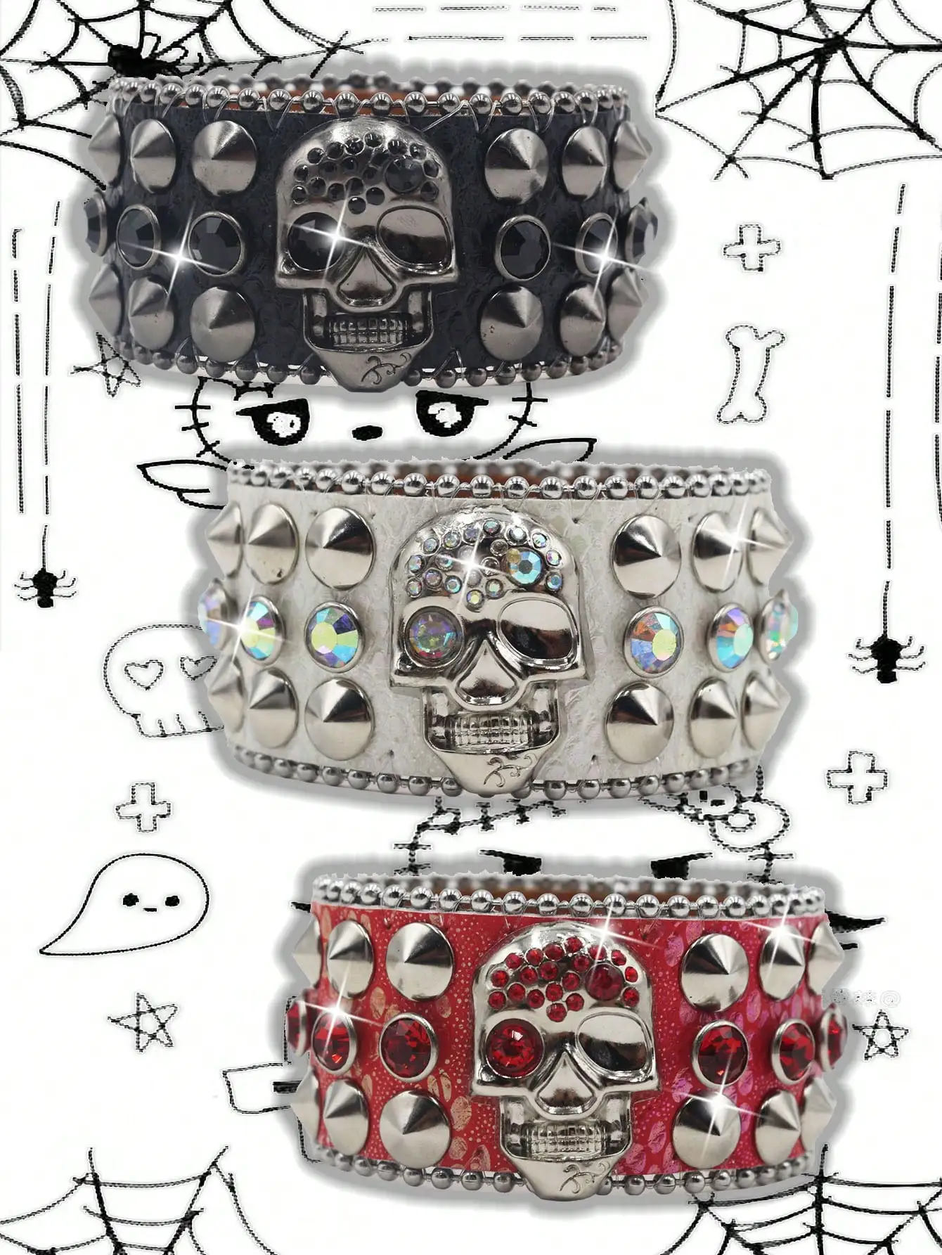 

Браслет-бэнгл с черепами и стразами для женщин и мужчин - из искусственной кожи с металлическими заклепками и кристаллами