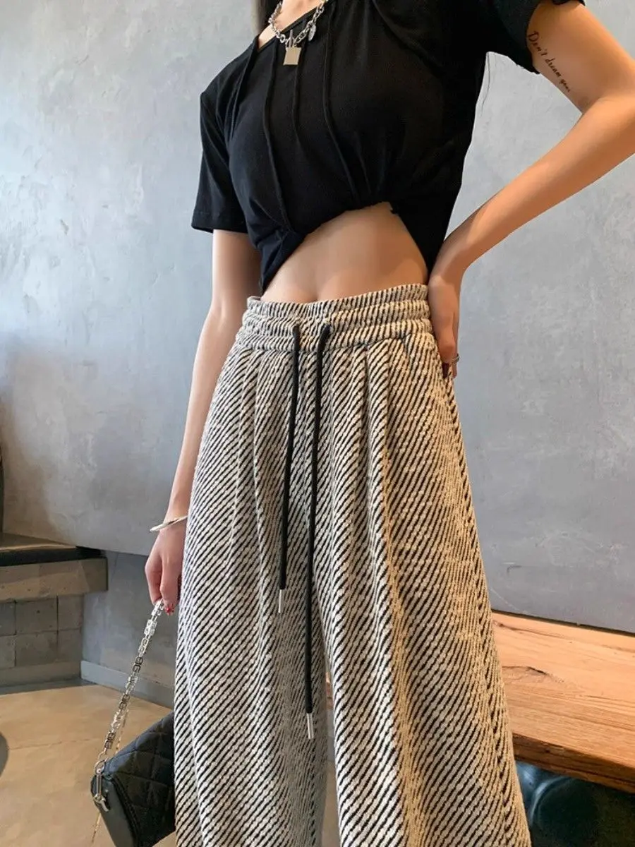

Женские брюки с высокой талией и широкими штанинами, весна-осень 2026, новые, свободные, повседневные, прямые, спортивные, с диагональным полосатым узором